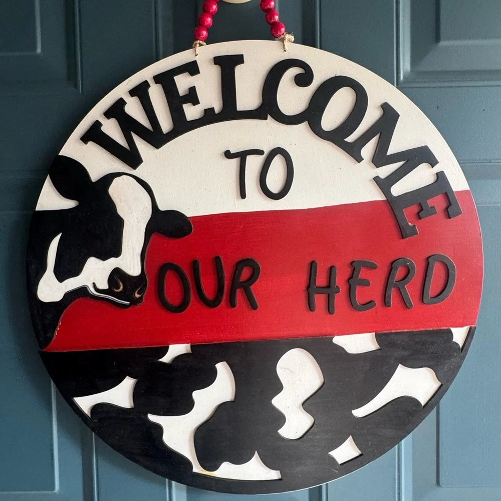 Welcome to Our Herd Round Wall Sign - Red, Black & White